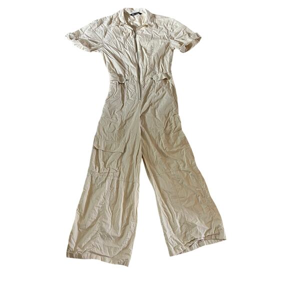 Zara Cream Wide Leg Utility Jumpsuit Sz XS Cargo Pockets Zip - Picture 1 of 8